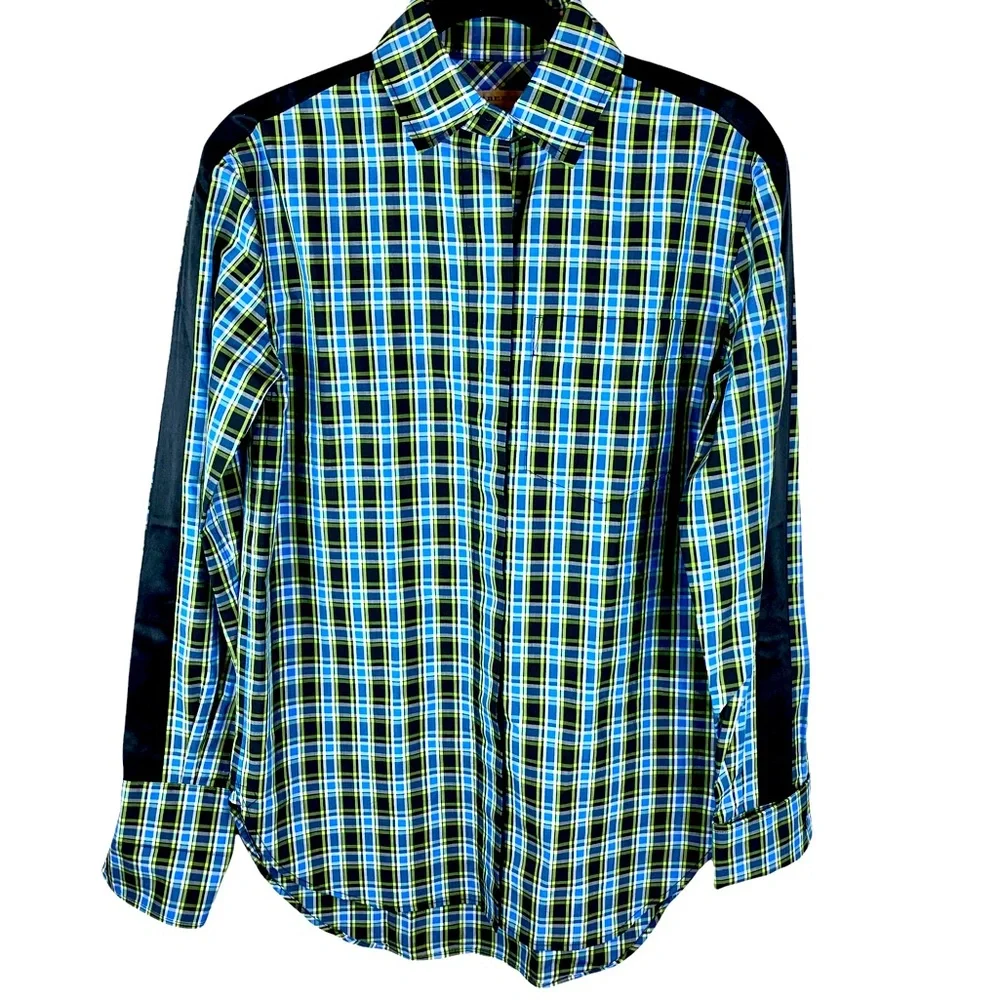 Burberry Saoirse Plaid Long Sleeve Silk Trim Button Shirt Azure Blue - Picture 4 of 16